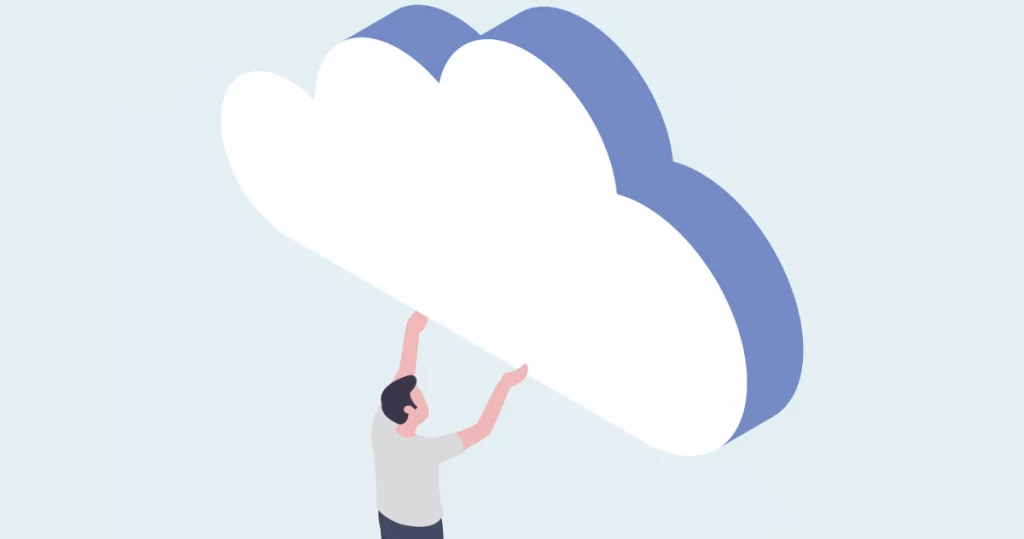 Eine Person hebt eine illustrierte Wolke in die Höhe. Hellblauer Hintergrund