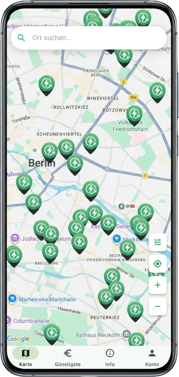 Lade- und Strompreis-App von SB-Techworks: Kartenansicht mit Ladepunkten und Live-Preisen