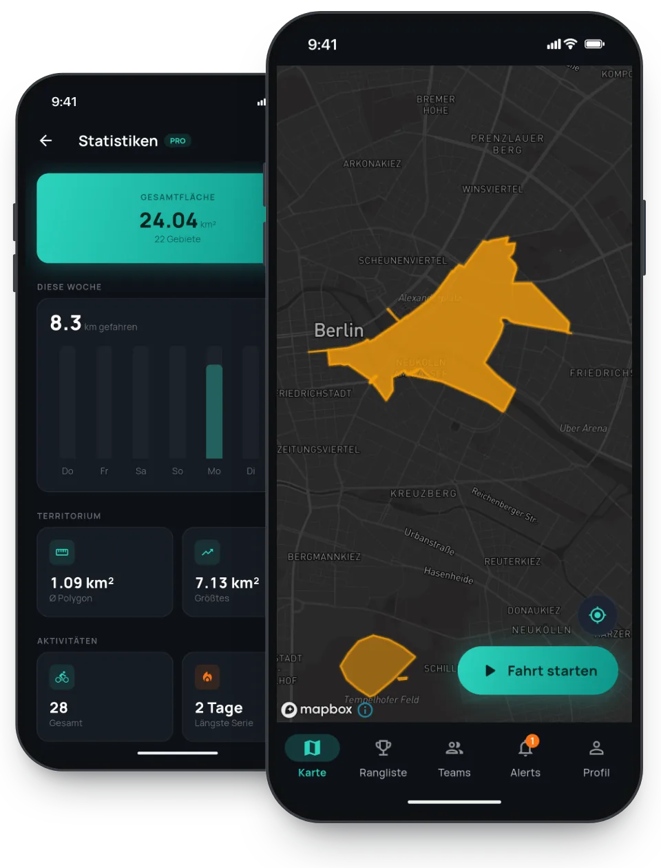 Fahrrad-Tracking-App Klaimo von SB-Techworks: Live-Karte mit eroberten Territorien und Statistik mit Gesamtfläche und Wochenkilometern