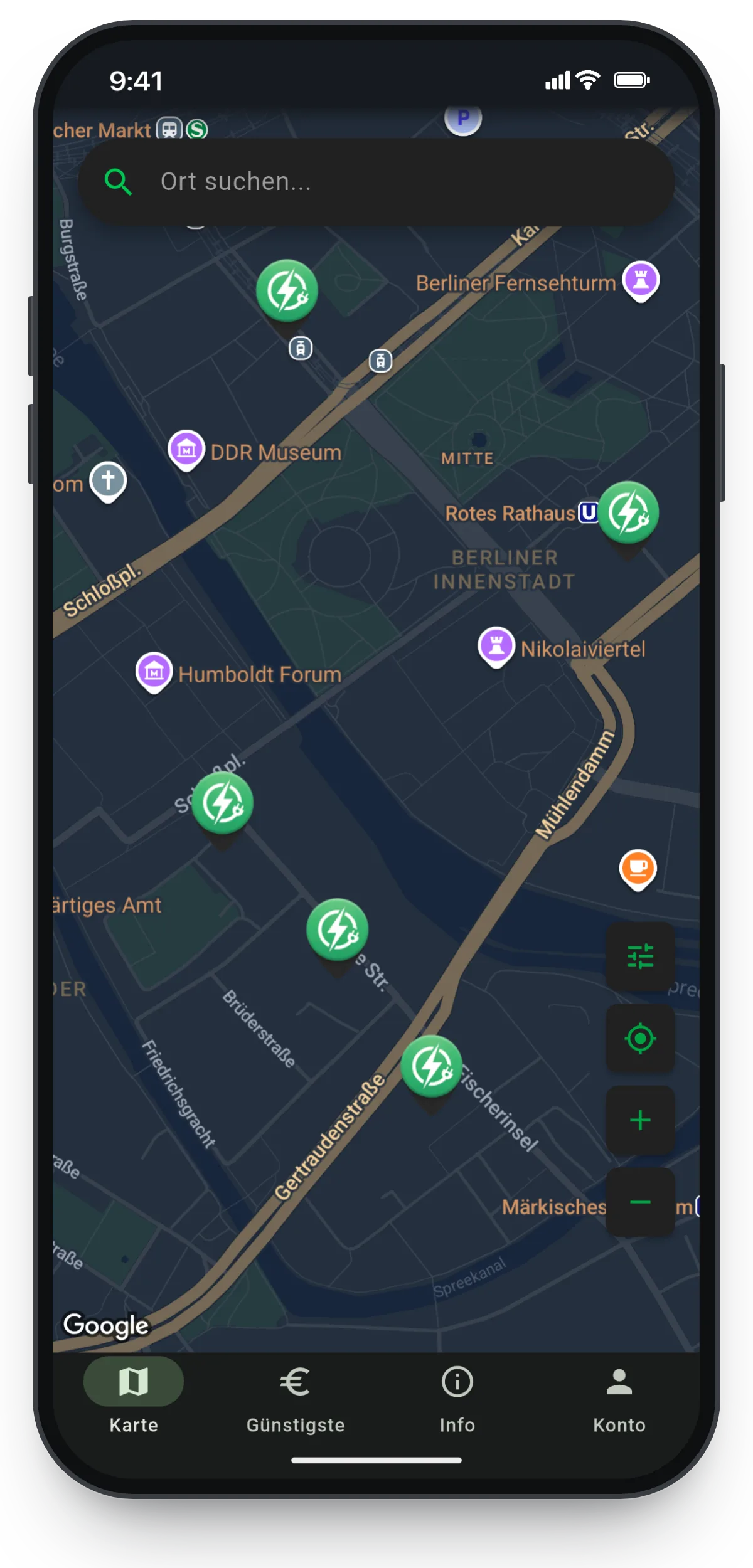 Lade- und Strompreis-App von SB-Techworks: Kartenansicht mit Ladepunkten und Live-Preisen